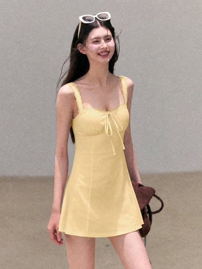 yellow Tencel Bamboo Joint strap backless mini dress