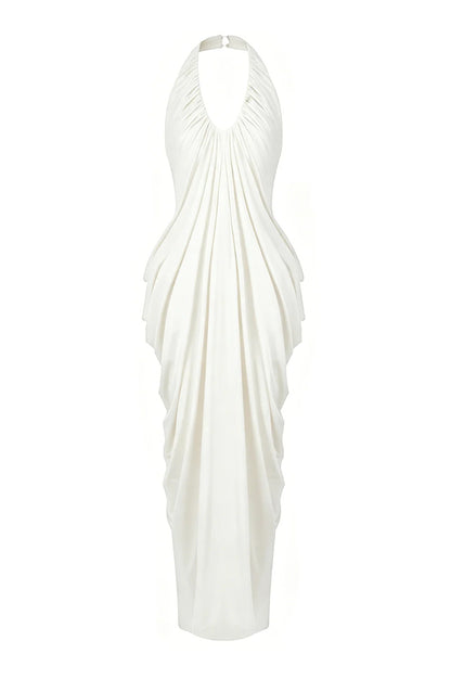 white halterneck V-neck backless pleated dress