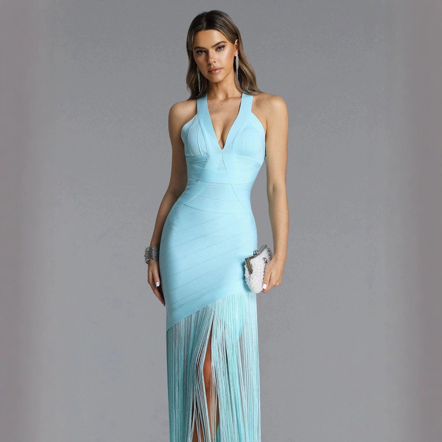 Halter-neck V-neck sleeveless fringe maxi dress in sky blue