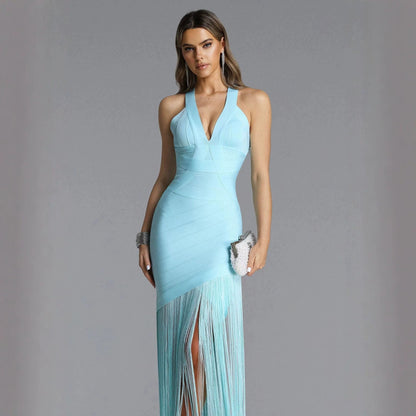 Halter-neck V-neck sleeveless fringe maxi dress in sky blue