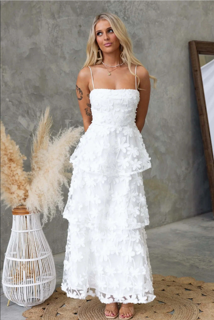 White 3D Floral Spaghetti Strap Tiered Midi Dress