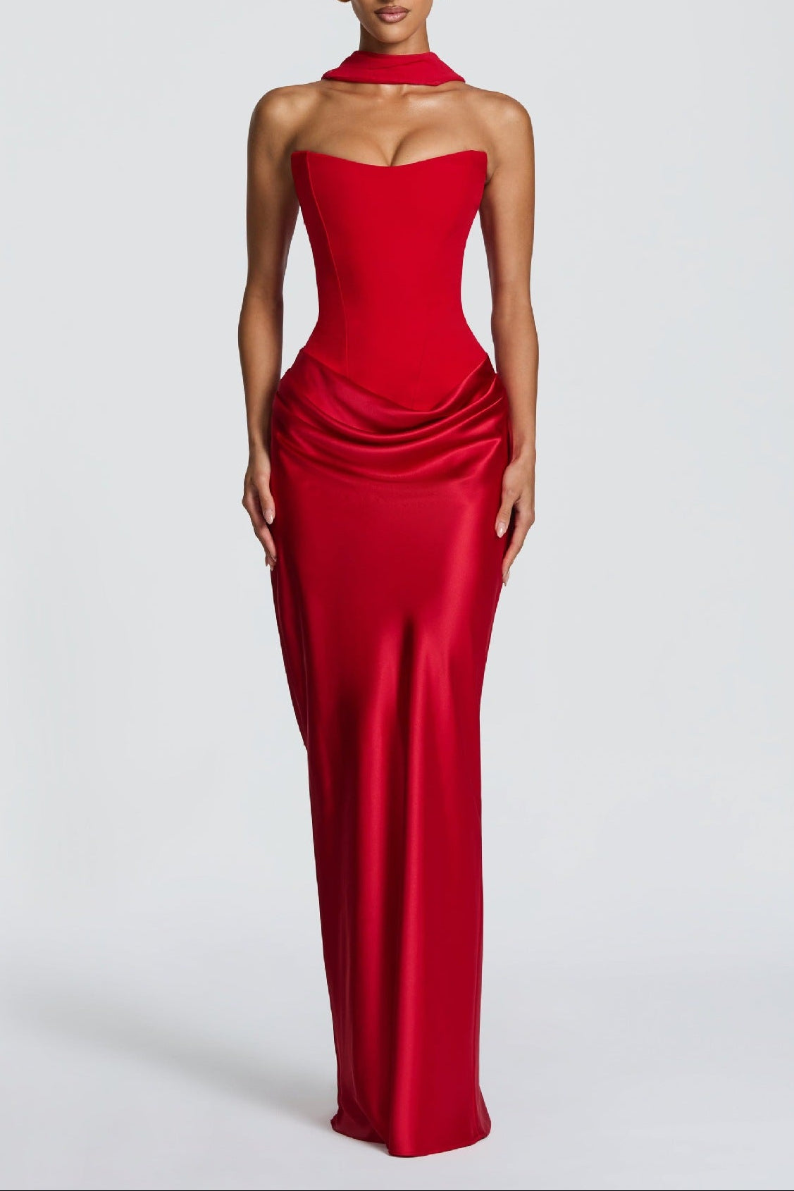 red satin lace-up streamer dress