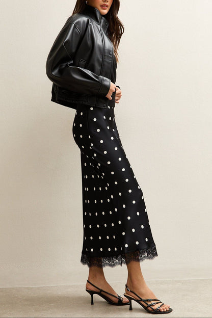 black polka dot lace patchwork midi skirt