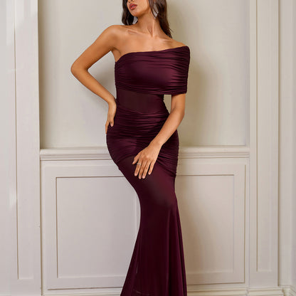 red mesh off-the-shoulder pleated slim hip-hugging dress