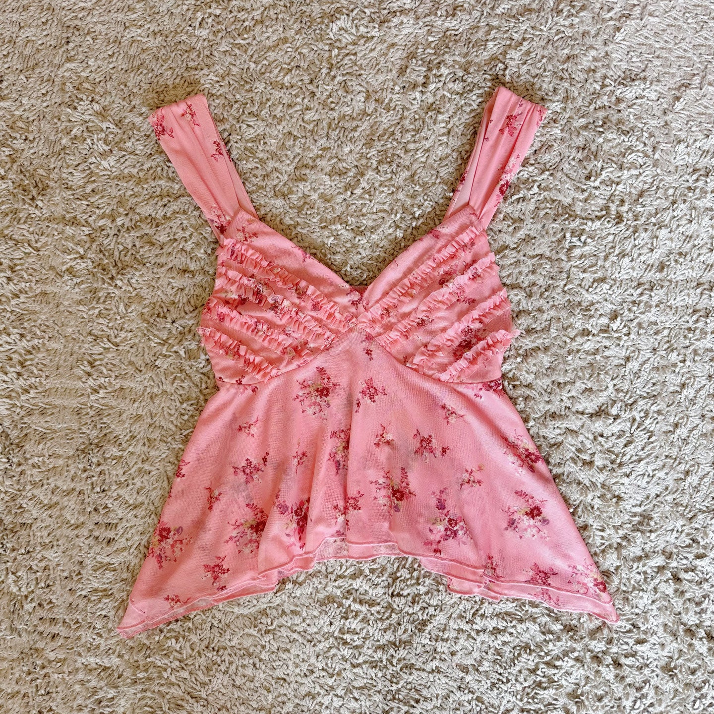 lace pink floral mesh V-neck irregular camisole top