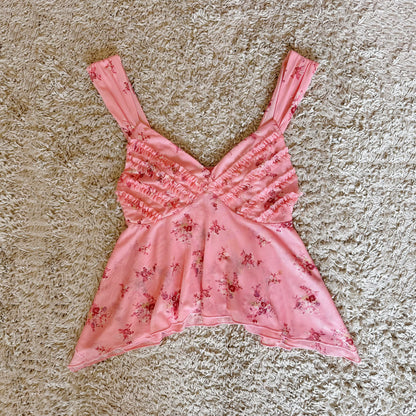 lace pink floral mesh V-neck irregular camisole top