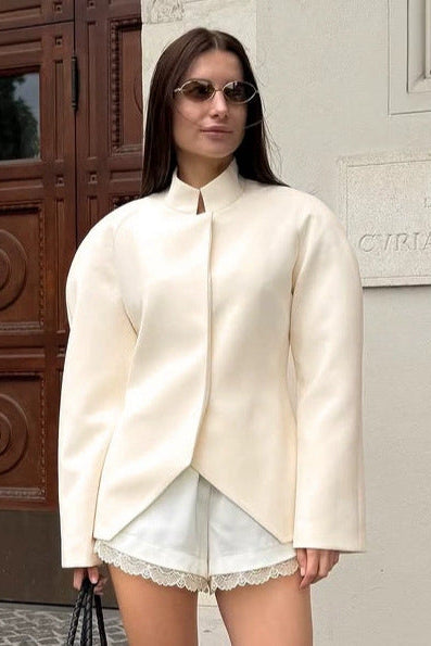 Ivory White Stand Collar Blazer with Structured Silhouette