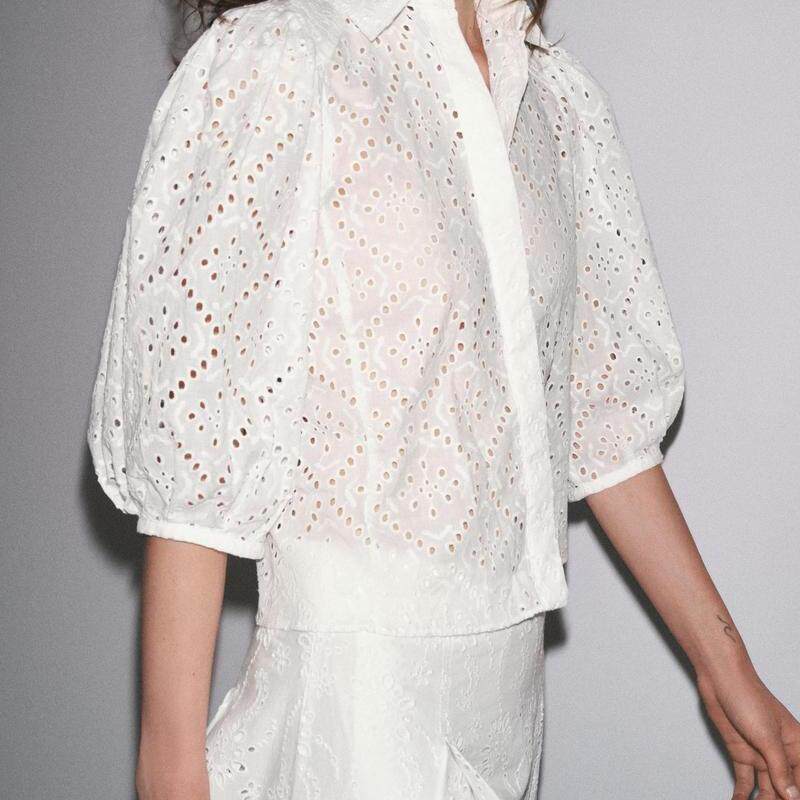 Lapel Puffy Sleeve Hollow Embroidered Shirt