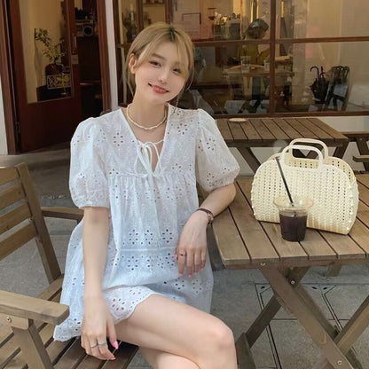Hollow-out lace puff sleeve blouse