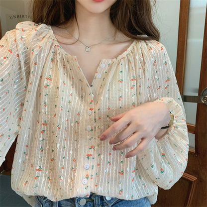 Thin chiffon floral long-sleeved shirt