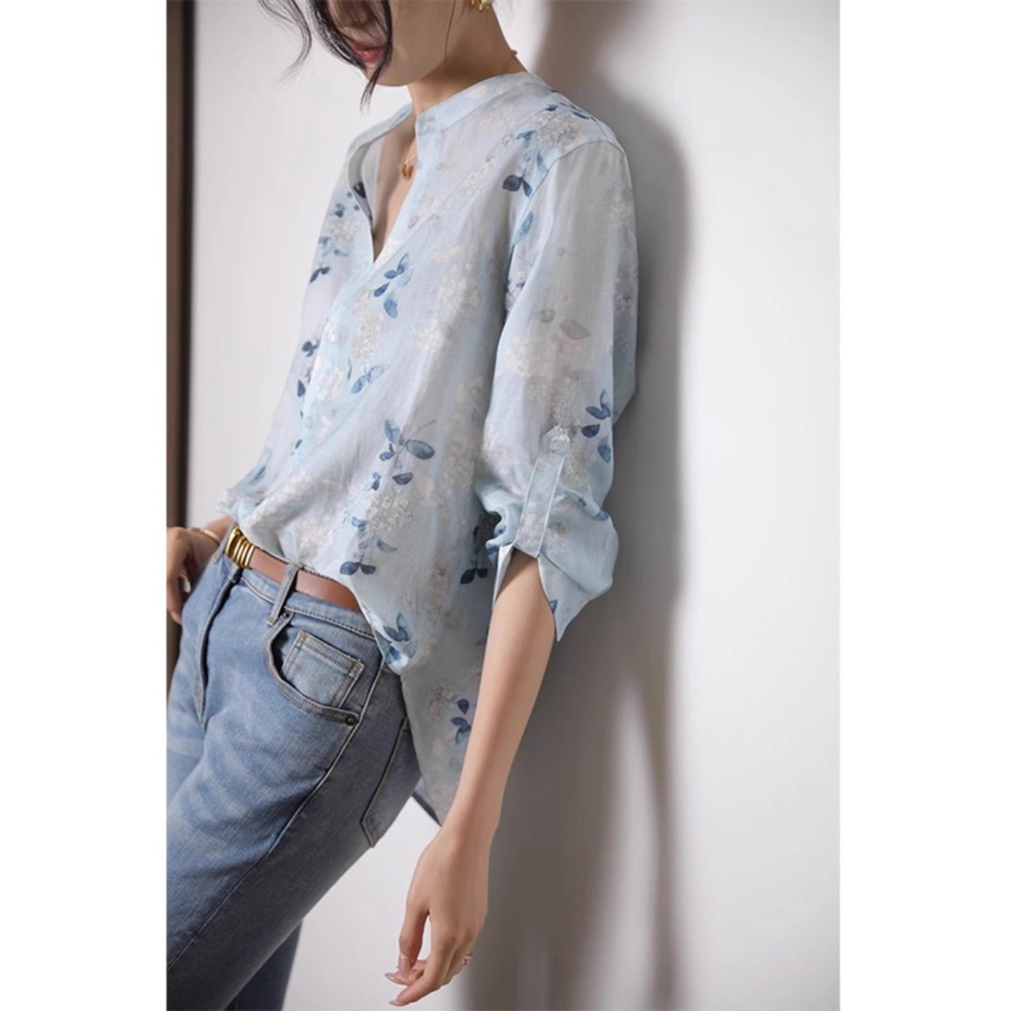 Three-quarter sleeve printed cotton shirt