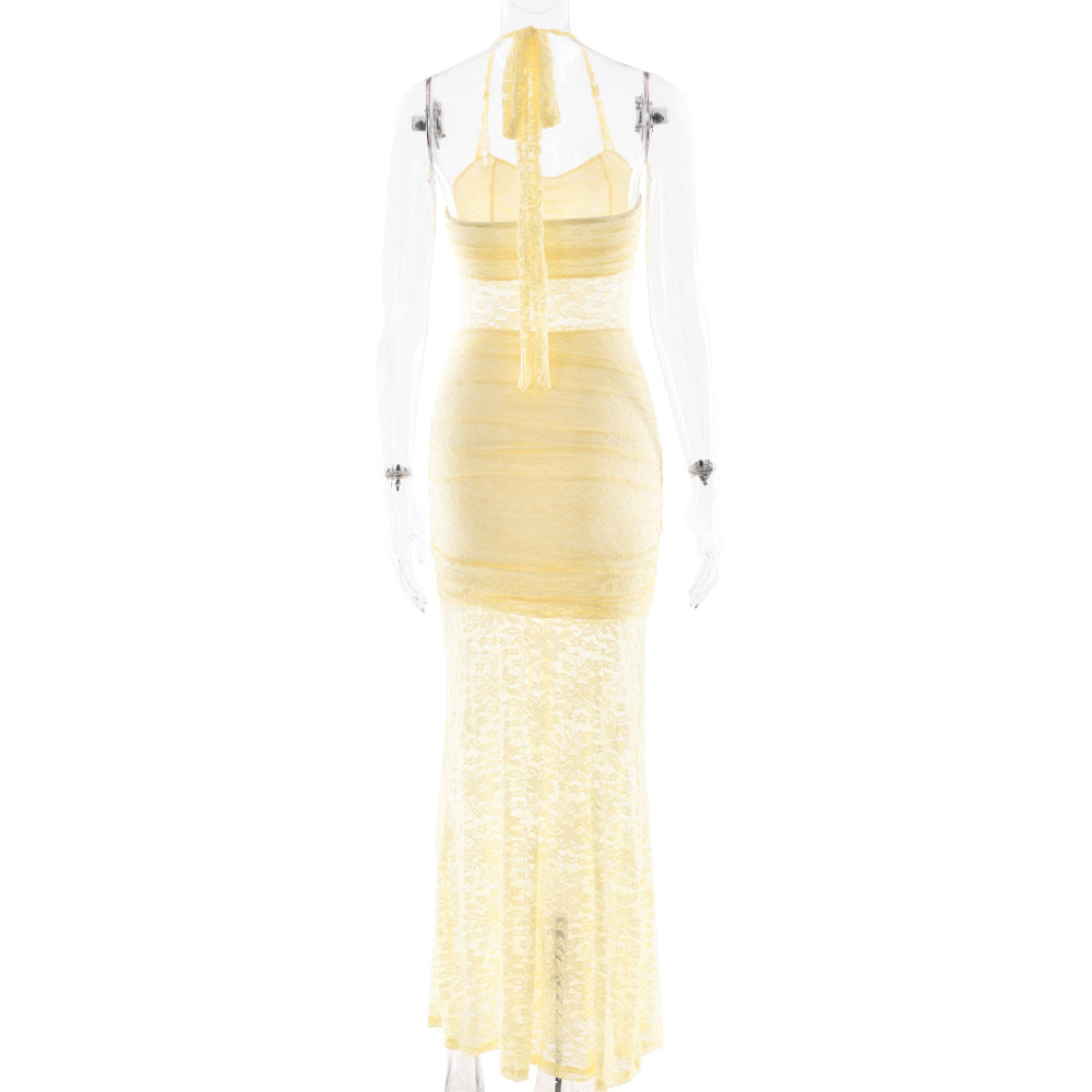yellow halterneck lace sleeveless backless dress