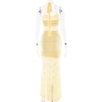 yellow halterneck lace sleeveless backless dress