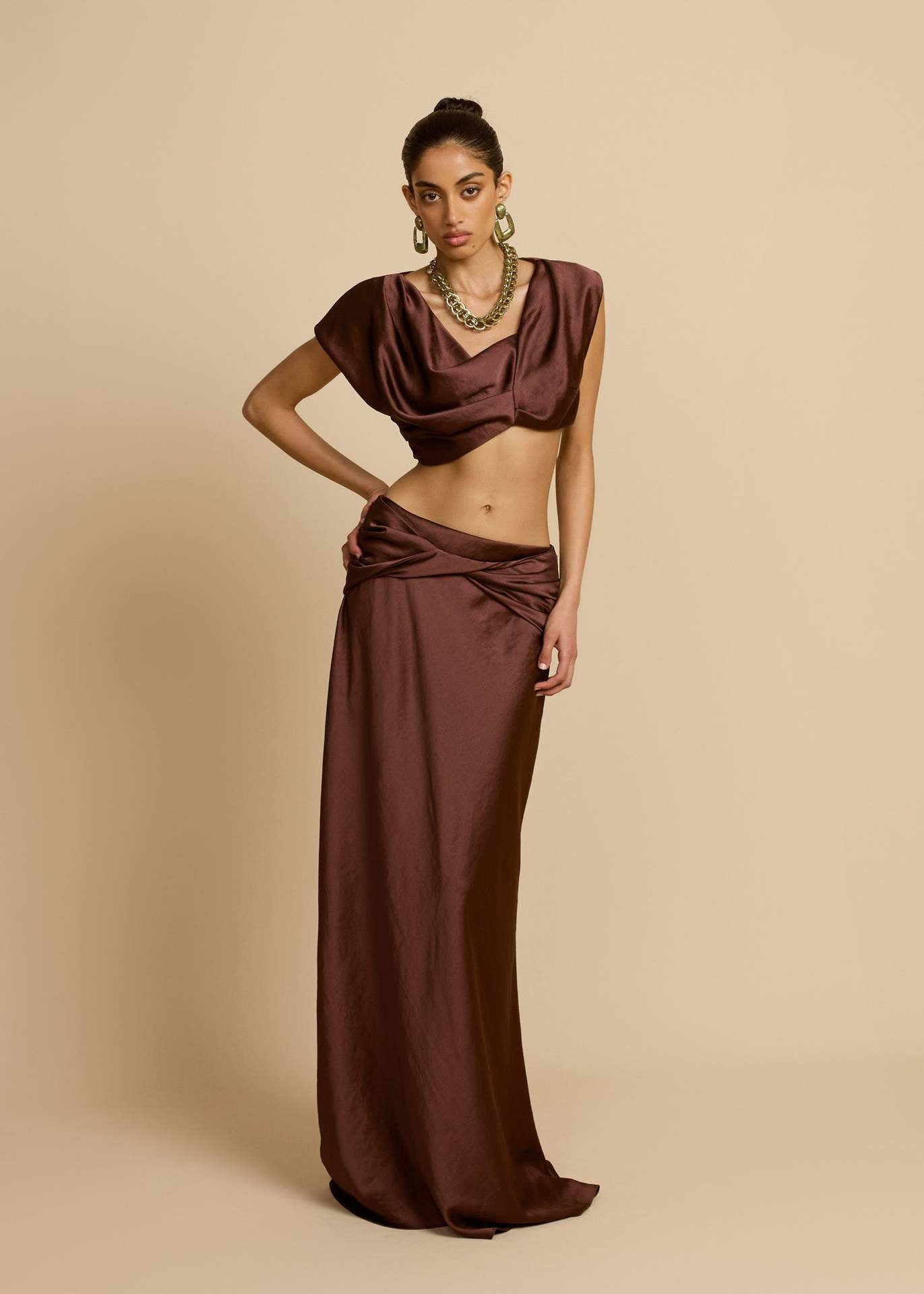 brown pleated geometric splicing shape bandeau skirt suit