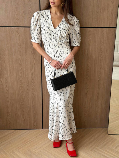 Puff Sleeve Pleated Floral Midi Dress