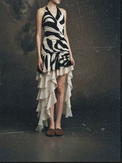 Irregular zebra pattern midi dress - black & white