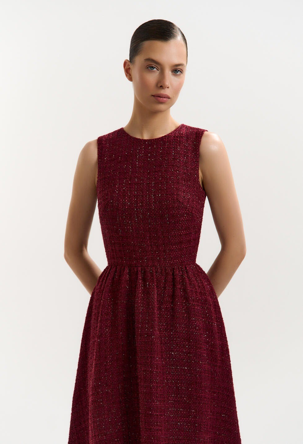 red wine sleeveless A-line maxi dress