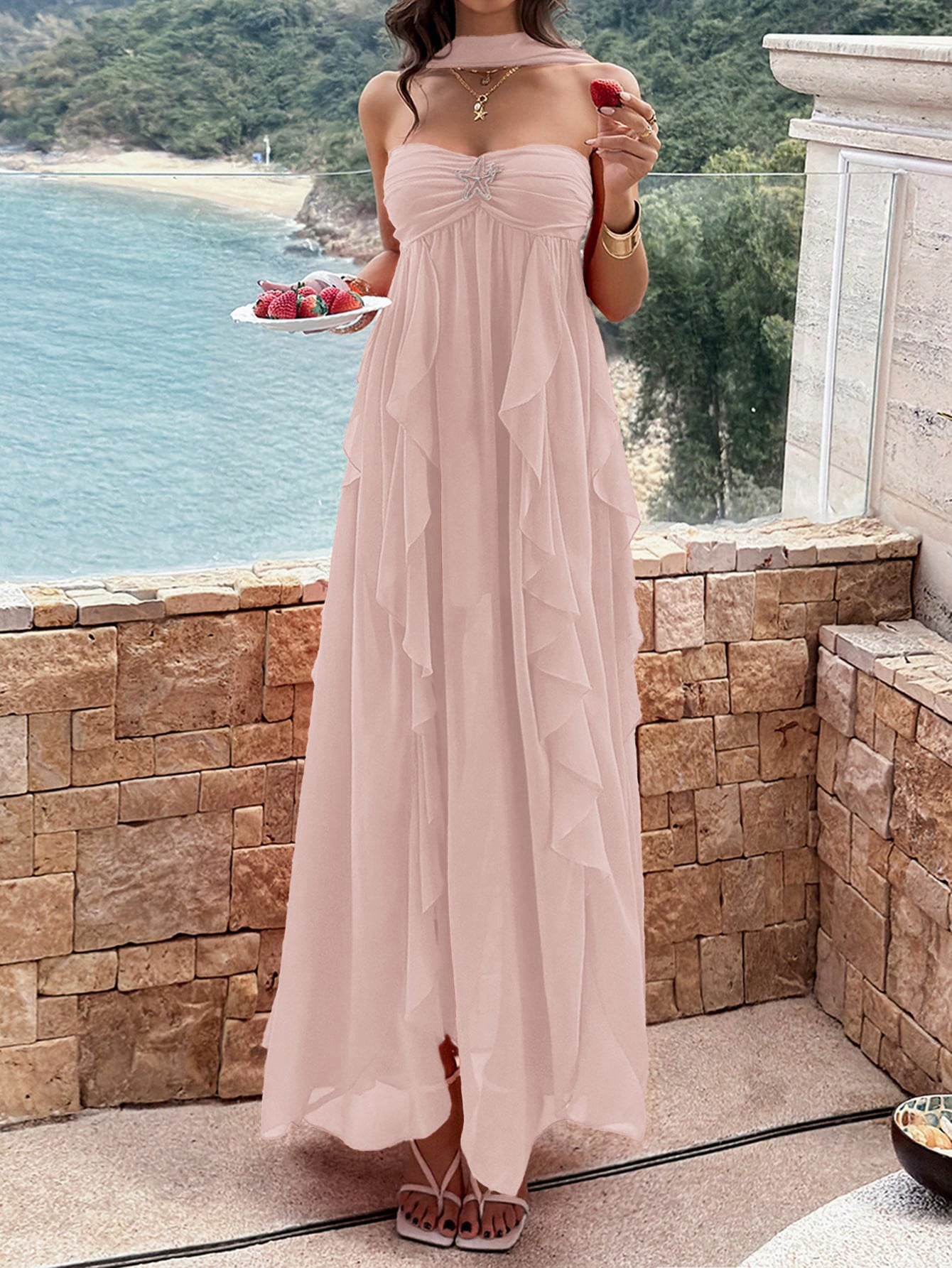 pink bandeau layered ruffled dress