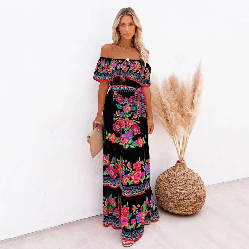 Off-shoulder printed maxi dress with a full skirt