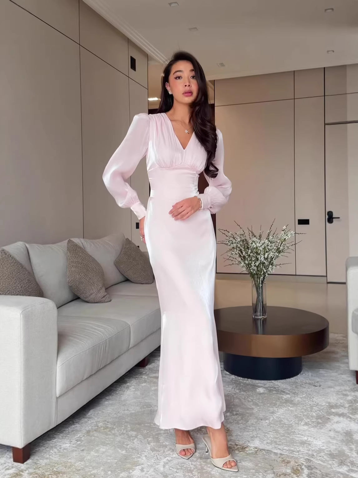 white long-sleeved maxi dress