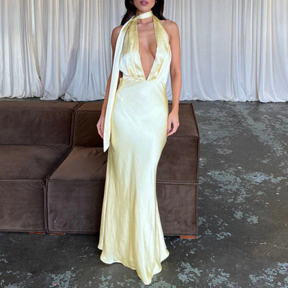 yellow Deep V-Neck Empire Waist Halter Maxi Dress