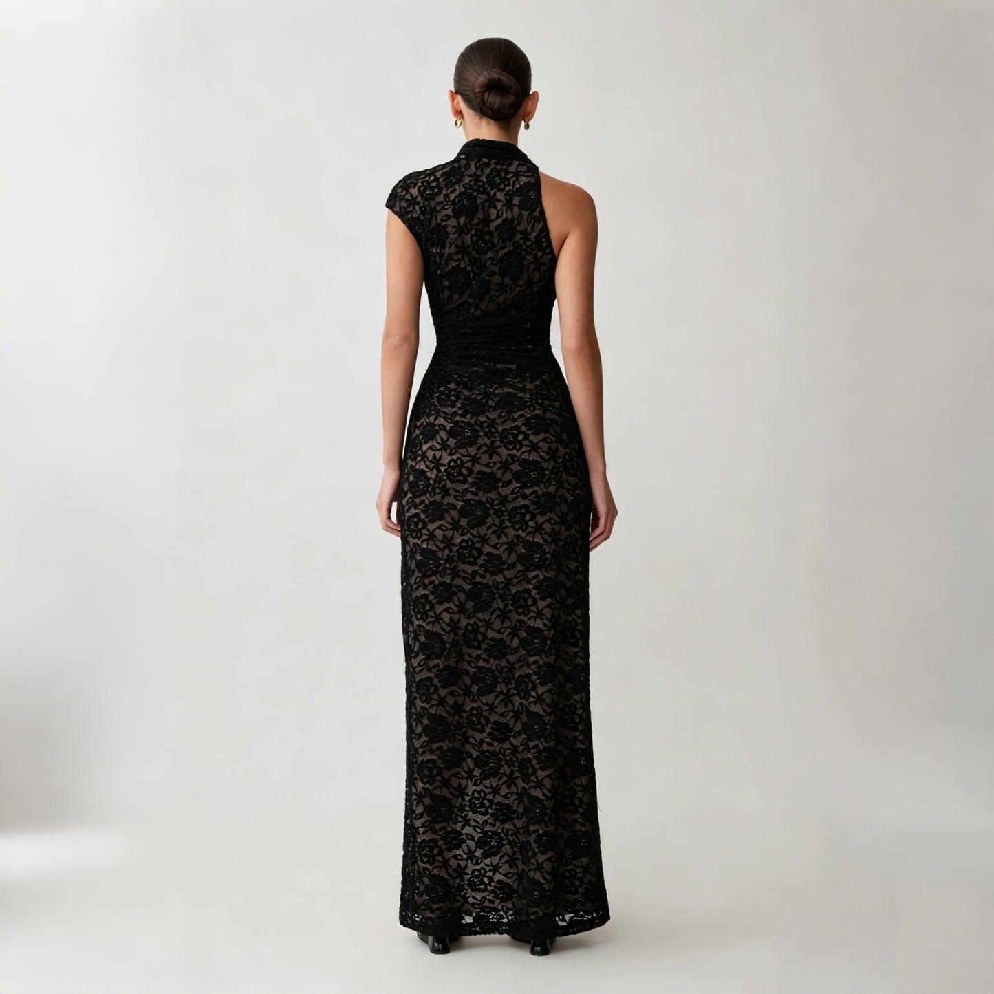 black lace slit cut-out waist dress