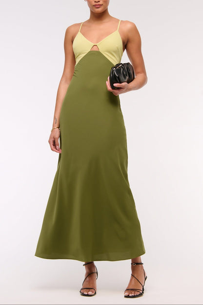 green open back suspender color-blocking dress
