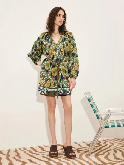 Bohemian V-neck floral print vacation mini dress  - green