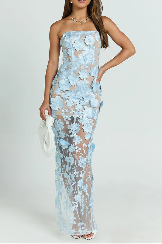 blue three-dimensional flower bandeau maxi dress