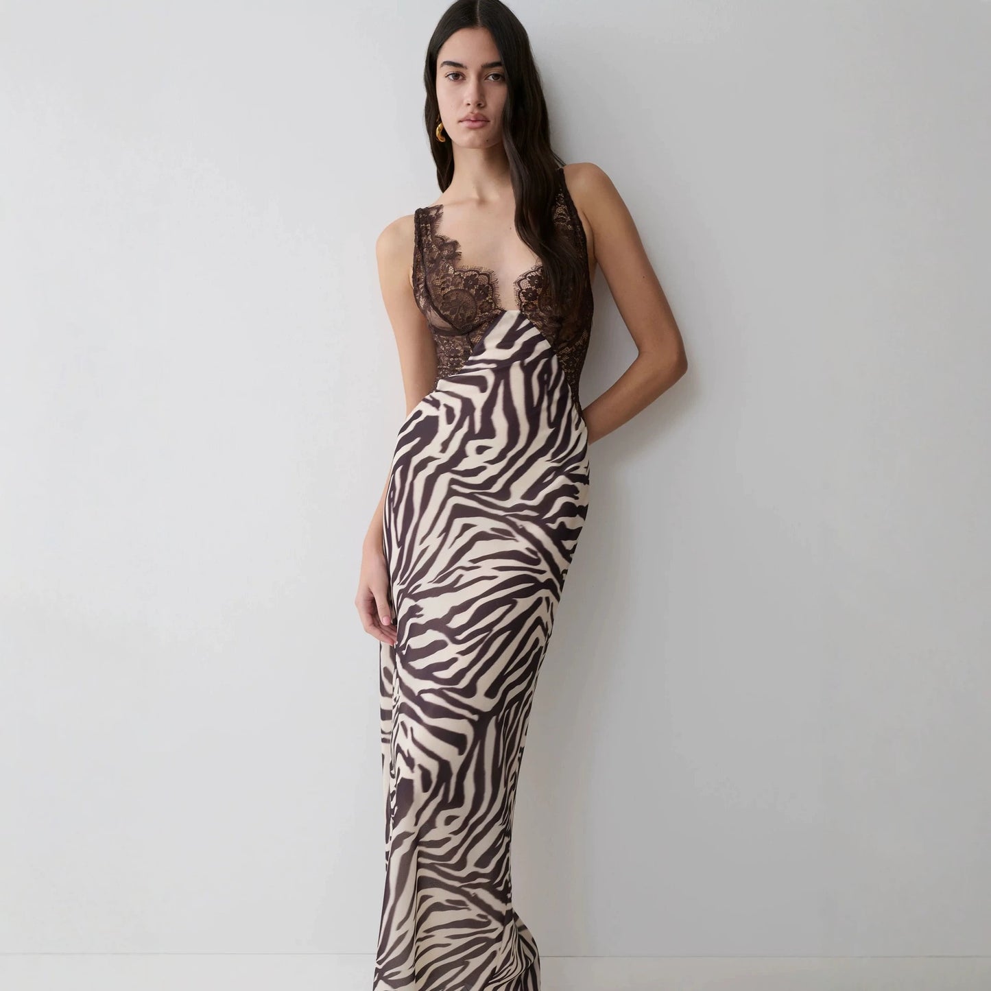 Zebra-print lace-panelled slit camisole maxi dress