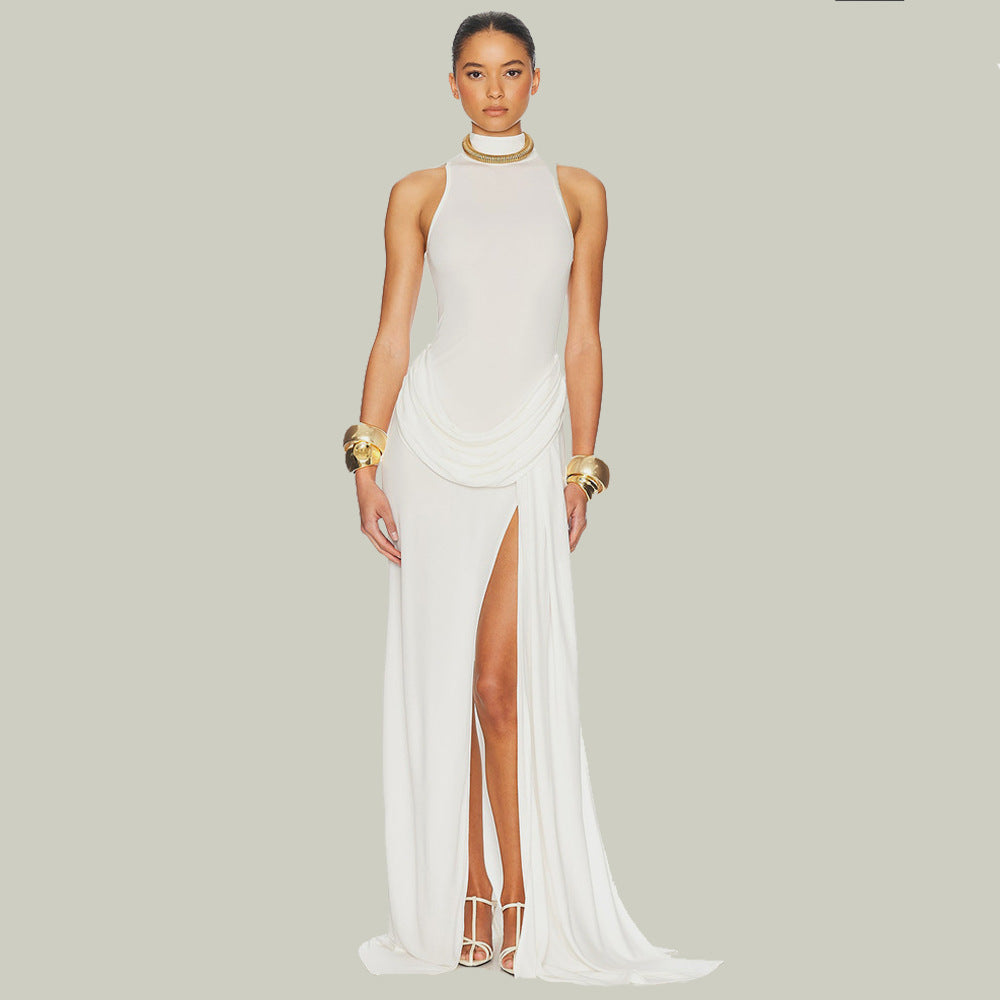 white high slit sleeveless pleated dress