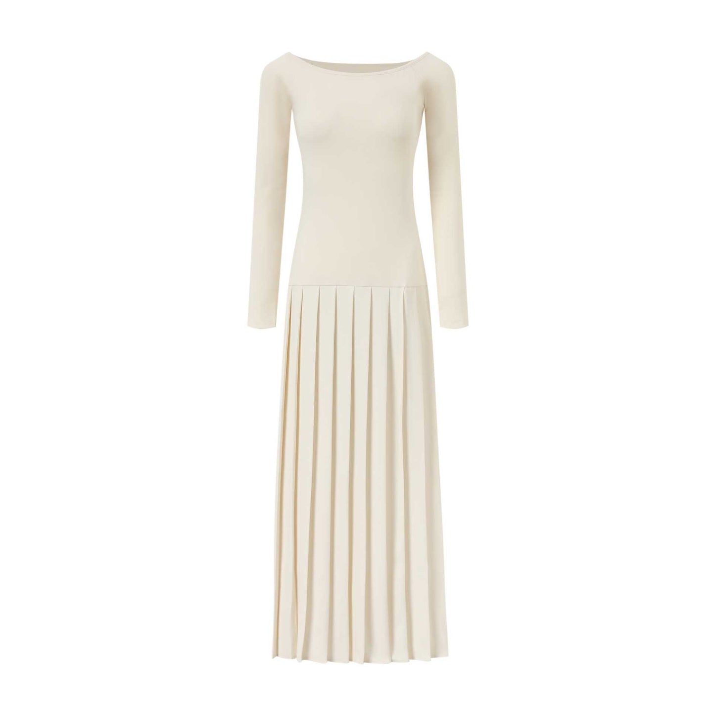 white Off-Shoulder Long-Sleeve Slit Pleated Dress