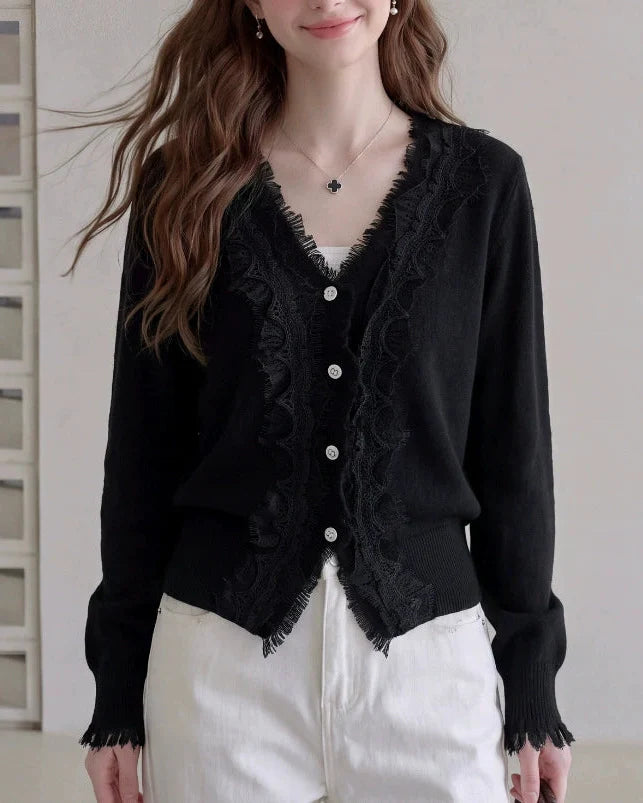 V-neck Lace-trimmed Knit Cardigan