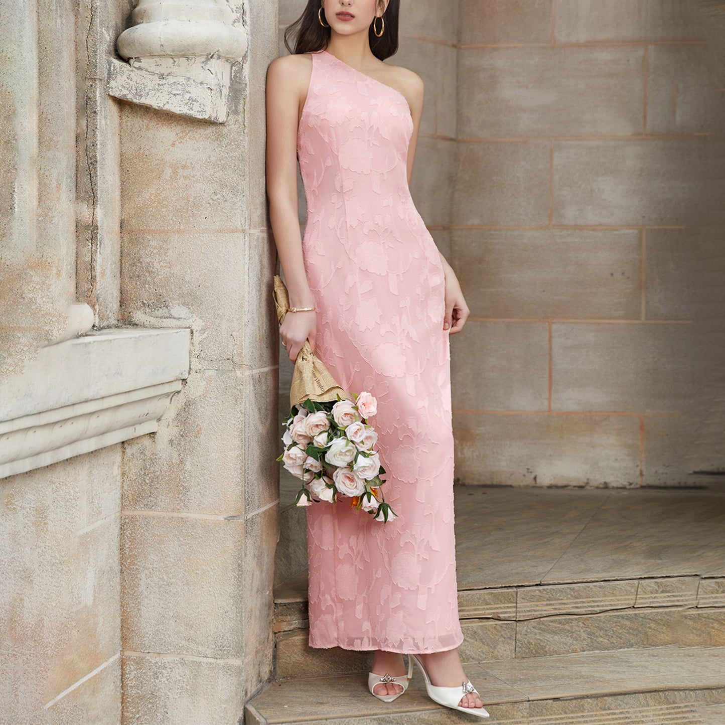 pink Jacquard Backless Tie Crossbody One-Shoulder  Dress