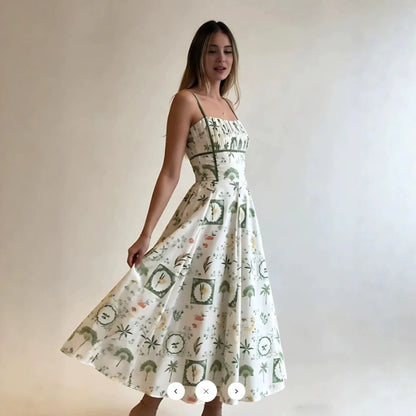 printed camisole waist-cinched midi dress