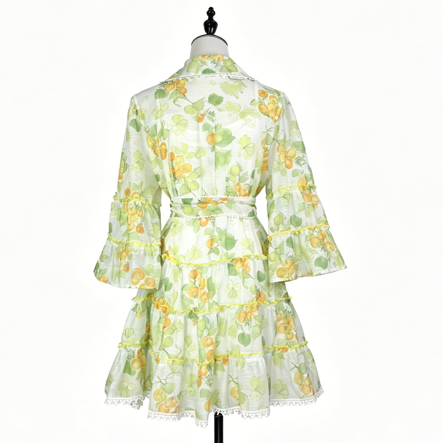 Botanical Print Lace Single Breasted Mini Dress - Green