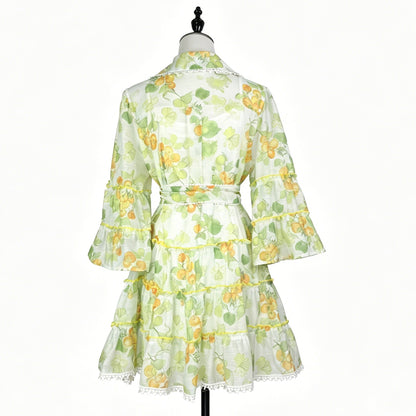 Botanical Print Lace Single Breasted Mini Dress - Green
