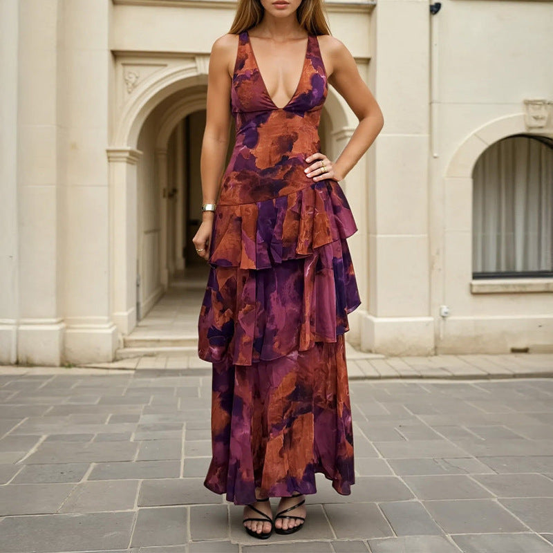 purple V-neck print waist dress