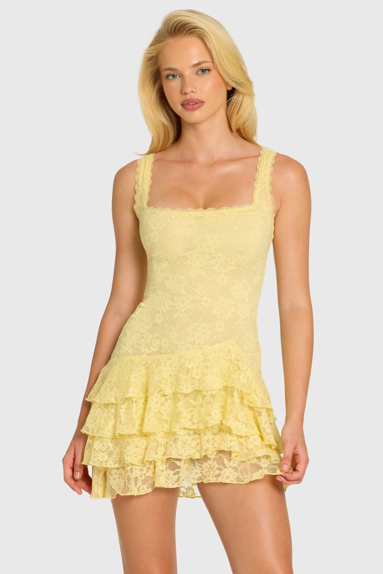 Square-neck sequin lace mini dress with tiered ruffle straps