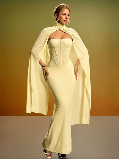 yellow strapless backless  fishbone dress