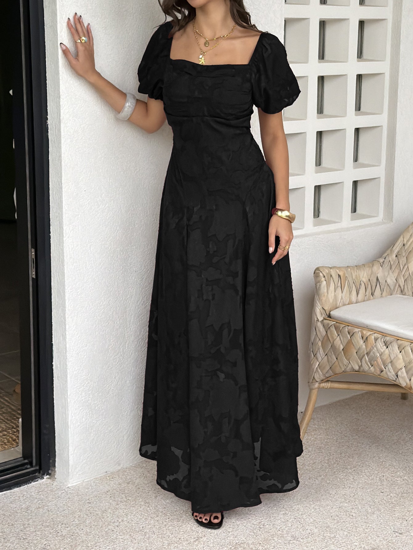 black square neck puff neck jacquard waist dress