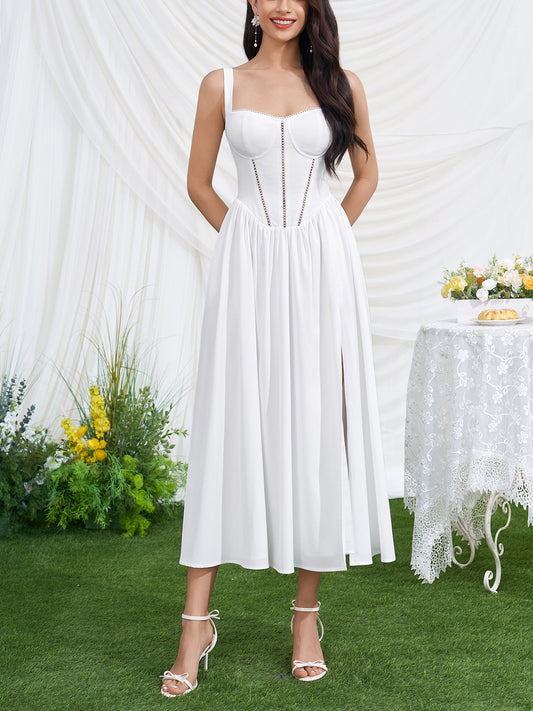 white print high slit open back midi dress