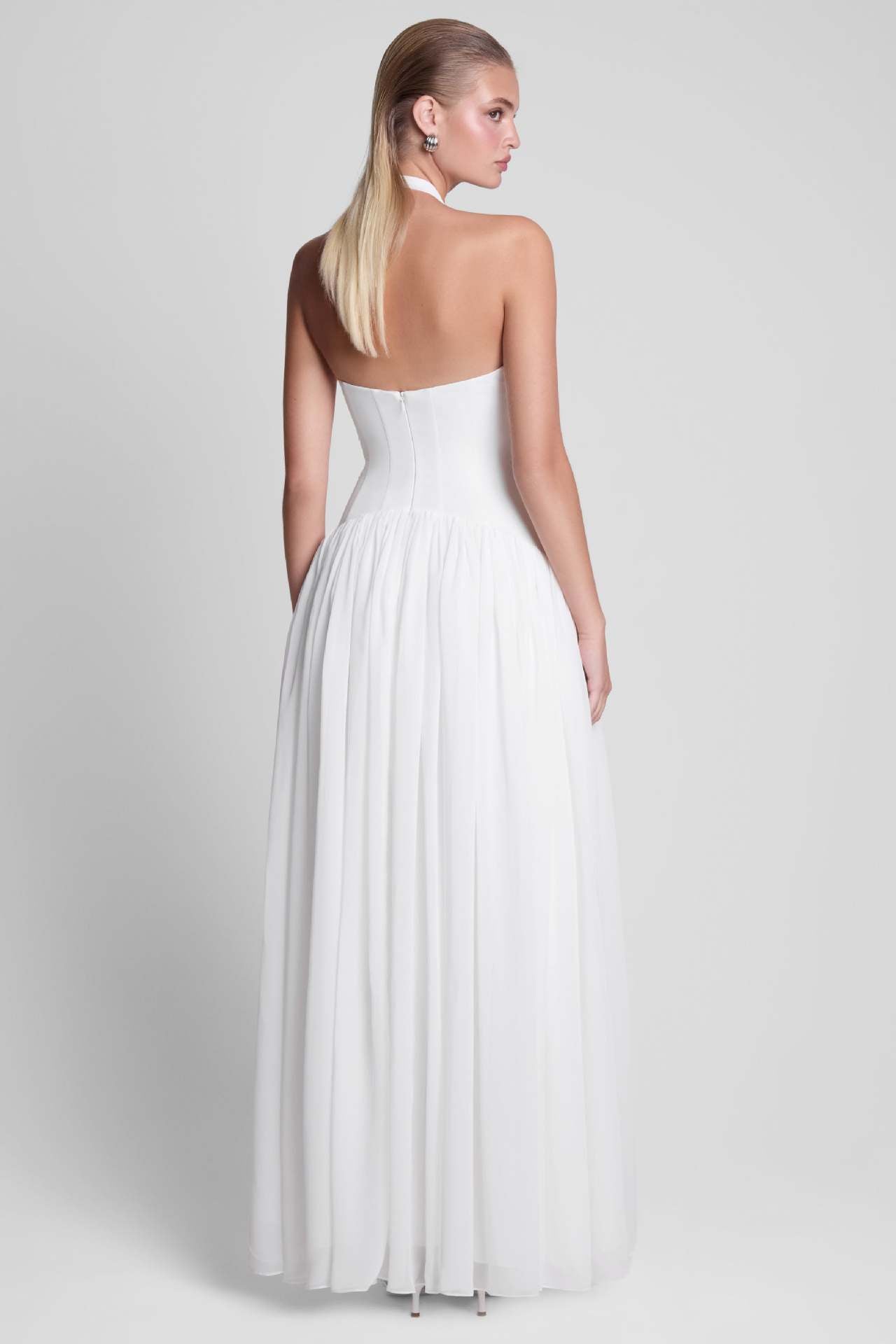 white suspender backless maxi dress