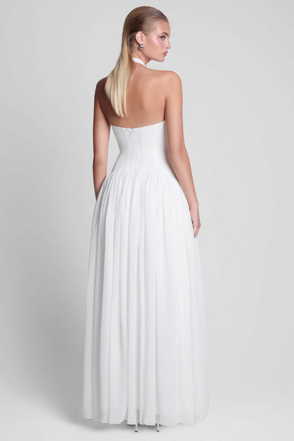 white suspender backless maxi dress