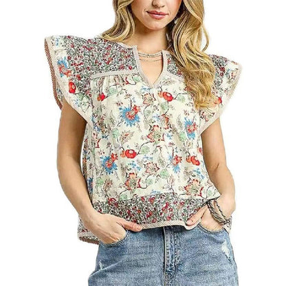 V-neck short-sleeve floral embroidery top