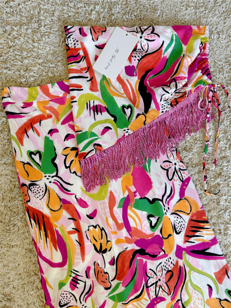painted graffiti irregular strap fringed skirt set