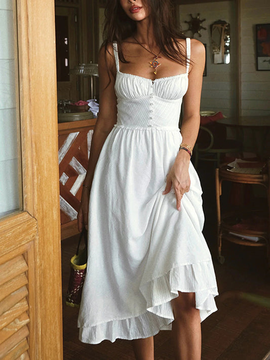 Ruched-strap button-front camisole midi dress