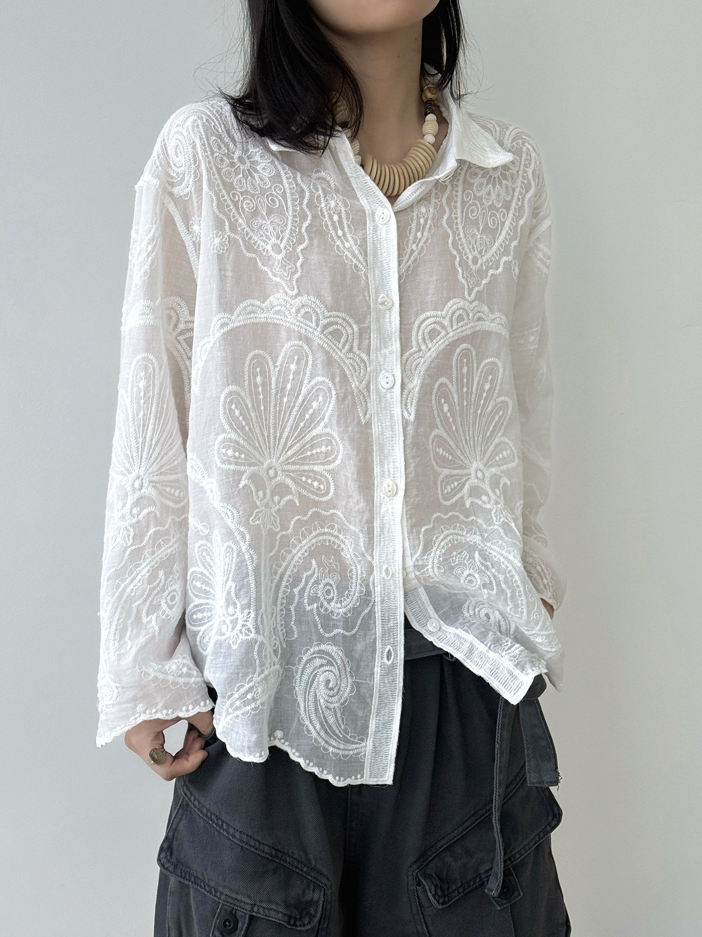 Lightweight Embroidered Paisley Cardigan Shirt - White