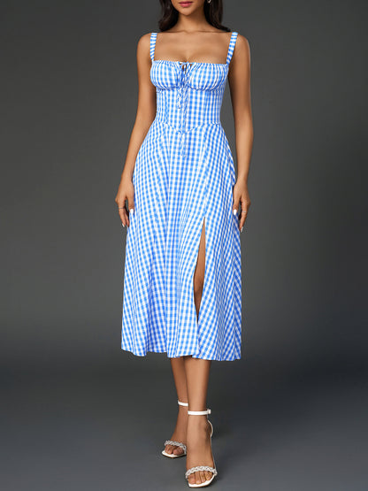 blue plaid herringbone slip slit backless chest tie long dress