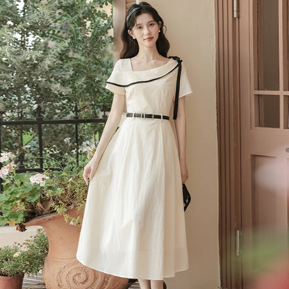 Short-sleeved asymmetrical shoulder midi dress - apricot